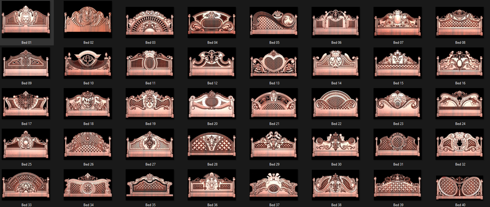 Catalogue sheet showing 40 carved 3D bed head designs