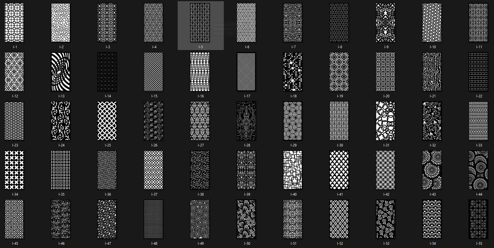 Reference sheet of DXF cutting designs I-1 to I-55